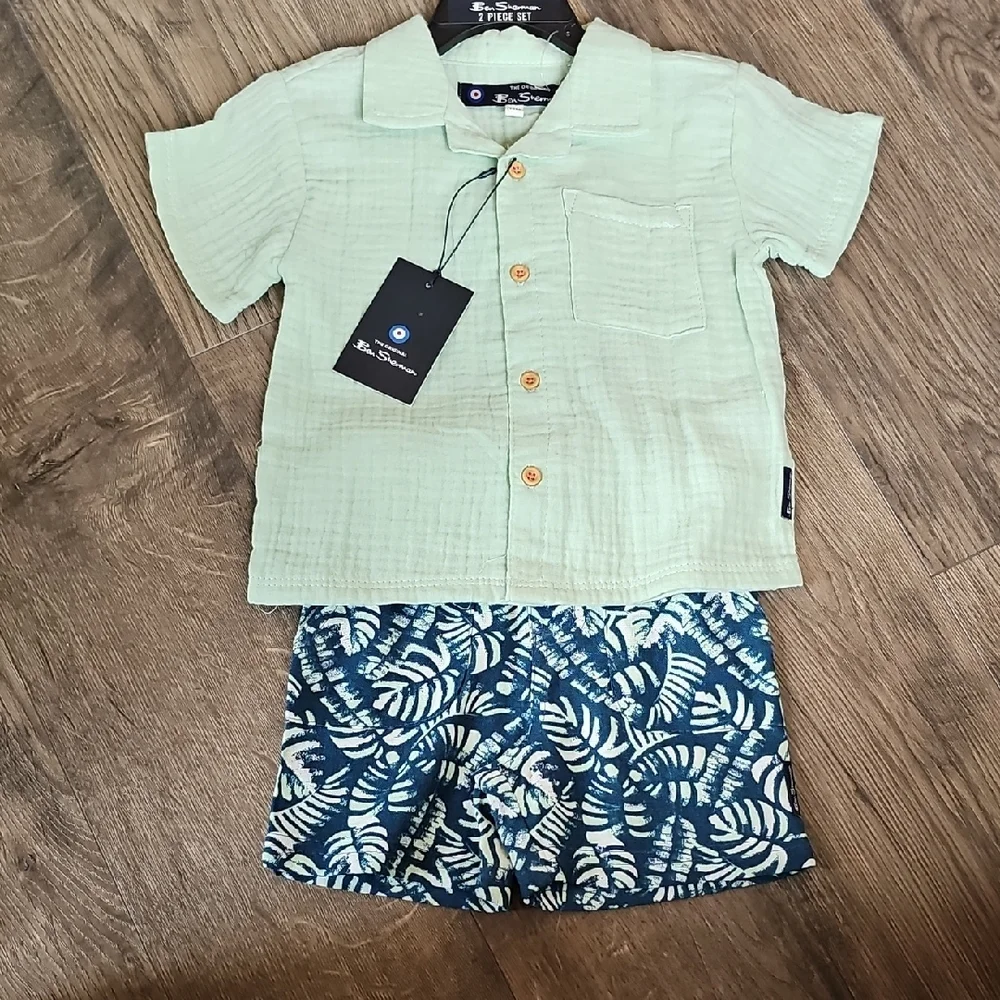 NWT Ben Sherman SHort Set Light Green Shirt Tropical 12 Months Toddler